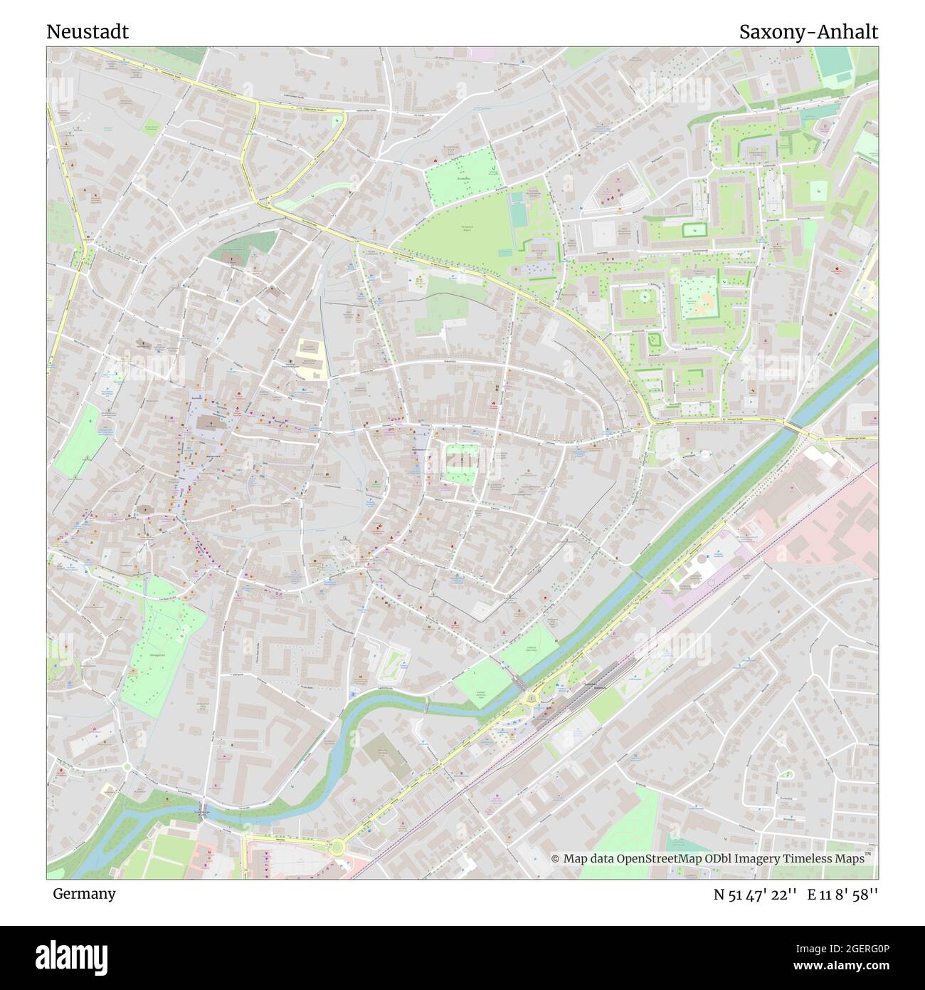 Neustadt, Allemagne, Saxe-Anhalt, N 51 47' 22'', E 11 8' 58'', carte, carte intemporelle publiée en 2021. Les voyageurs, les explorateurs et les aventuriers comme Florence Nightingale, David Livingstone, Ernest Shackleton, Lewis et Clark et Sherlock Holmes se sont appuyés sur des cartes pour planifier leurs voyages dans les coins les plus reculés du monde. Timeless Maps dresse la carte de la plupart des sites du monde, montrant ainsi la réalisation de grands rêves Banque D'Images