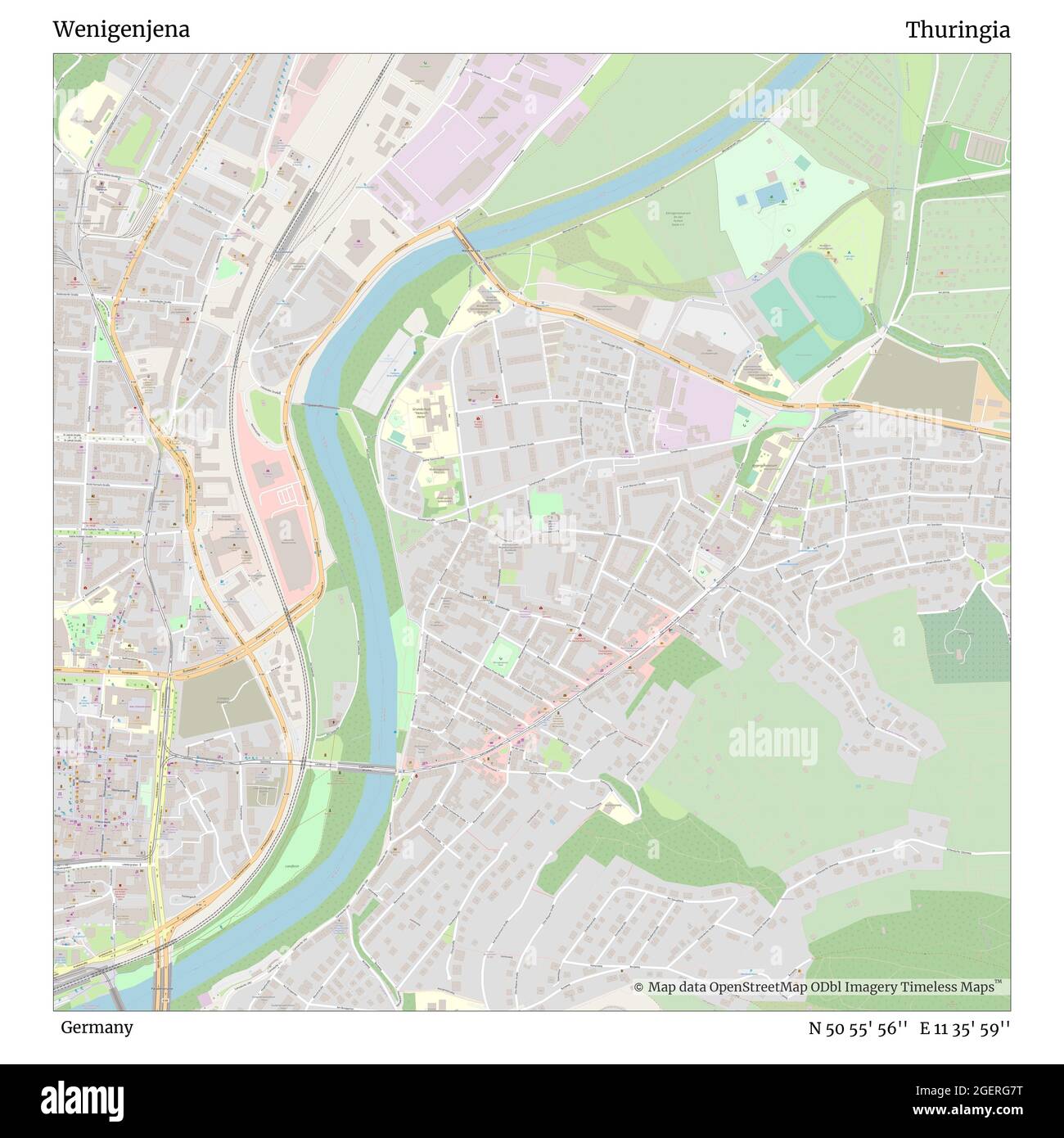 Wenigenjena, Allemagne, Thuringe, N 50 55' 56'', E 11 35' 59'', carte, carte intemporelle publiée en 2021. Les voyageurs, les explorateurs et les aventuriers comme Florence Nightingale, David Livingstone, Ernest Shackleton, Lewis et Clark et Sherlock Holmes se sont appuyés sur des cartes pour planifier leurs voyages dans les coins les plus reculés du monde. Timeless Maps dresse la carte de la plupart des sites du monde, montrant ainsi la réalisation de grands rêves Banque D'Images