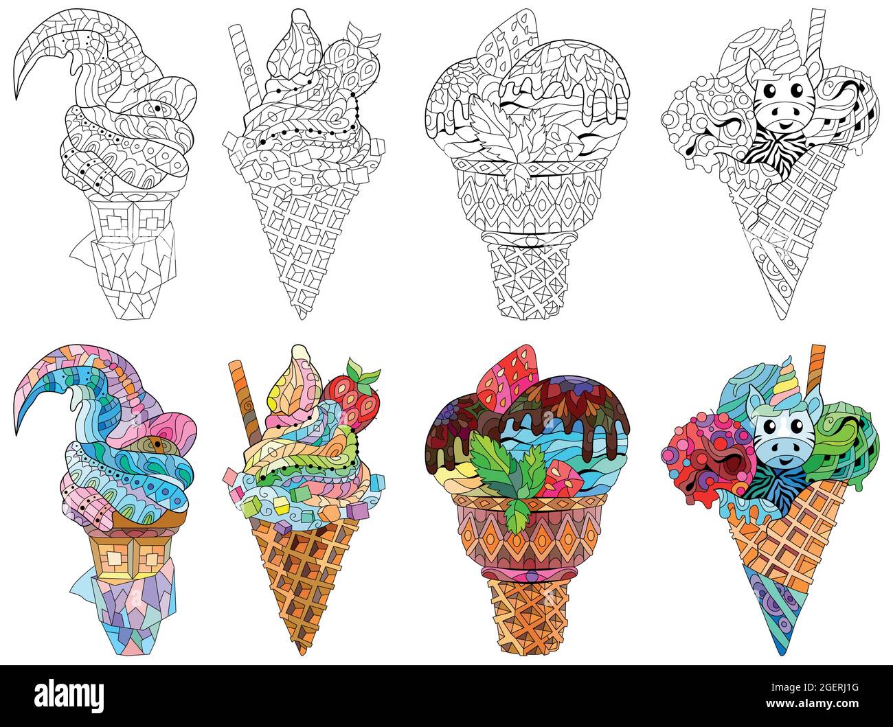 Ensemble de crème glacée. Composition florale, ornementale, douce en dessert ensemble de couleurs et de contours Illustration de Vecteur