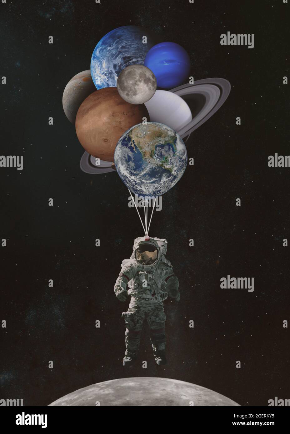 Astronaute de l'espace avec des ballons en forme de planètes dans le système solaire. Éléments de cette image fournis par la NASA. Banque D'Images