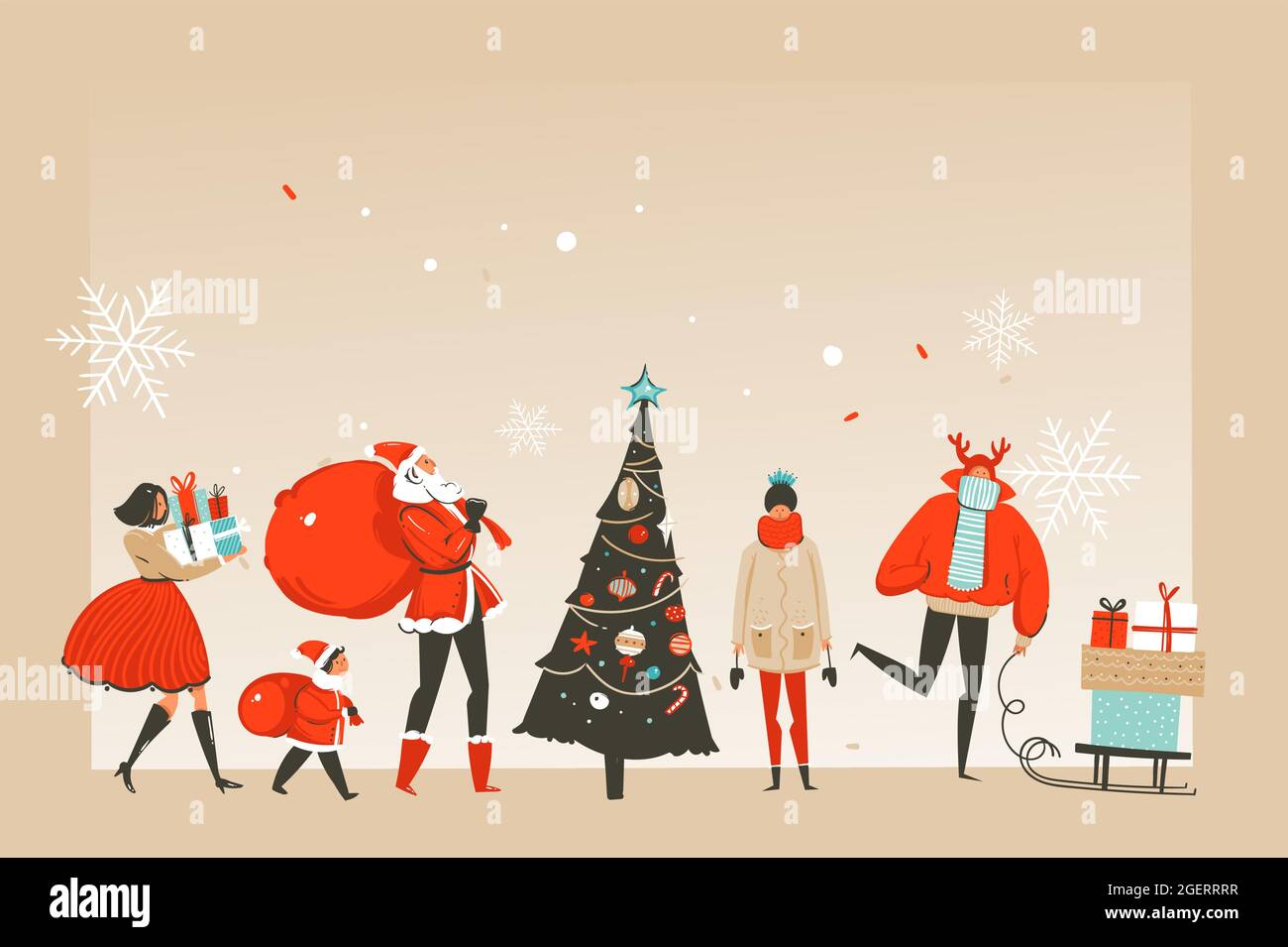 Dessin à la main vecteur abstrait amusant Joyeux Noël caricature illustrations carte de voeux ou page d'arrivée avec heureux xmas gens du marché et l'espace de copie Illustration de Vecteur