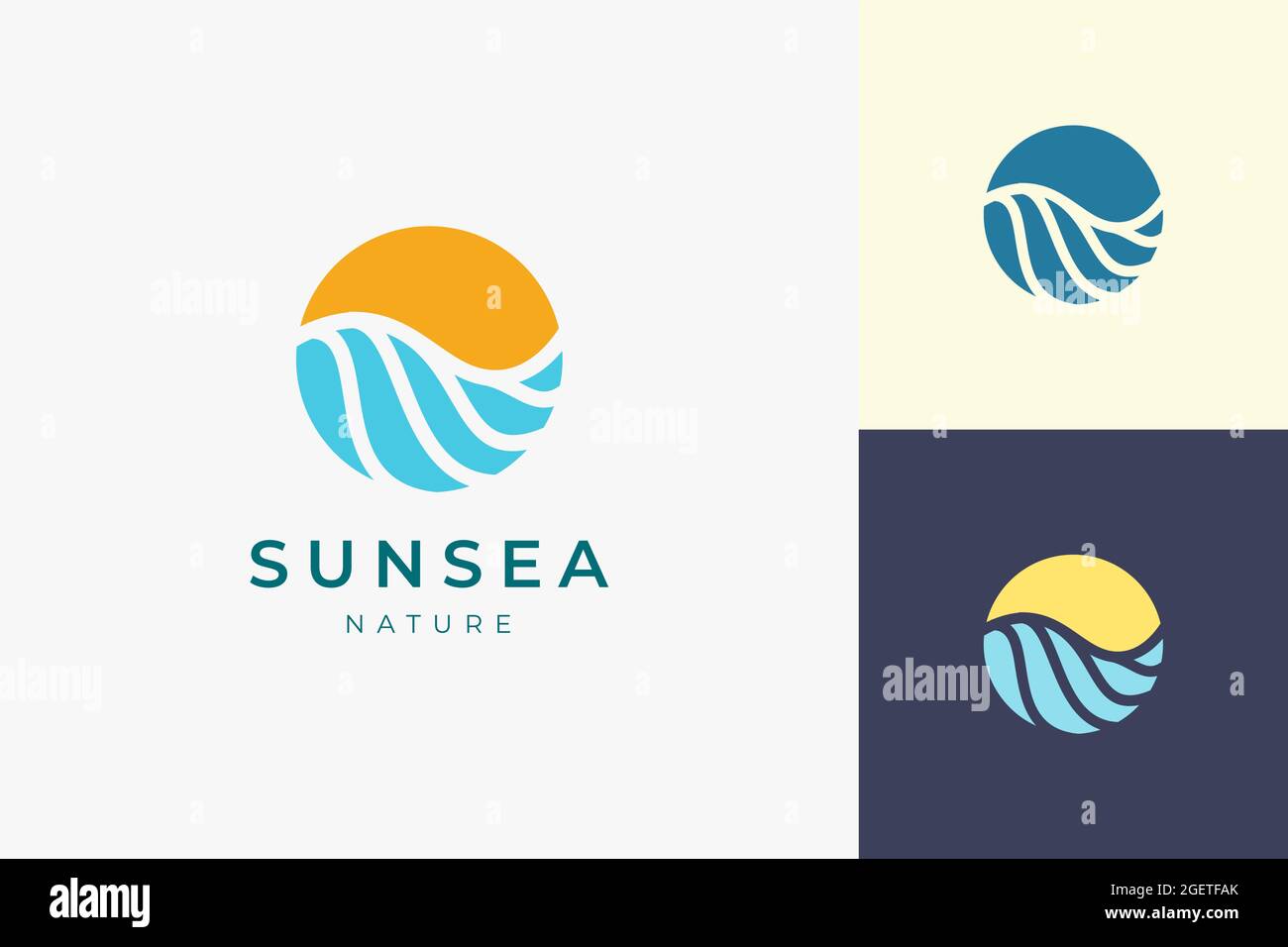Modèle Ocean avec logo soleil ou surf en forme de cercle et de forme abstraite Illustration de Vecteur