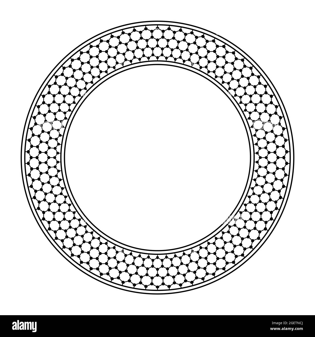 Cadre circulaire avec motif graphique. Bordure, encadrée de cercles, avec structure graphique moléculaire schématique sans couture, atomes de carbone dans une grille hexagonale. Banque D'Images
