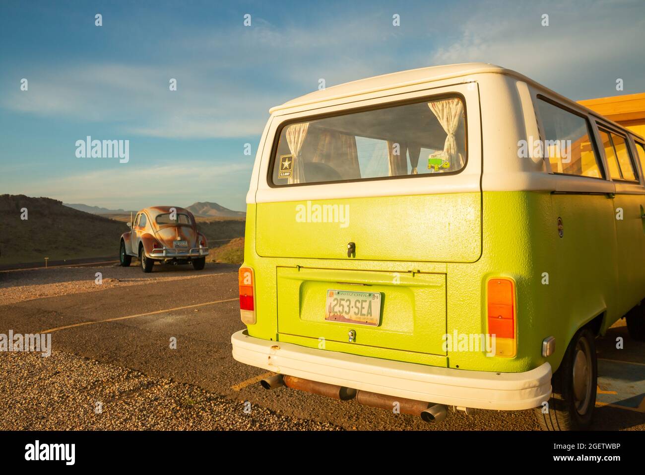 Vue arrière de Classic 1970 Type 2 Volkswagen bus Kombi et VW Beetle dans le désert près de Kingman Arizona Banque D'Images