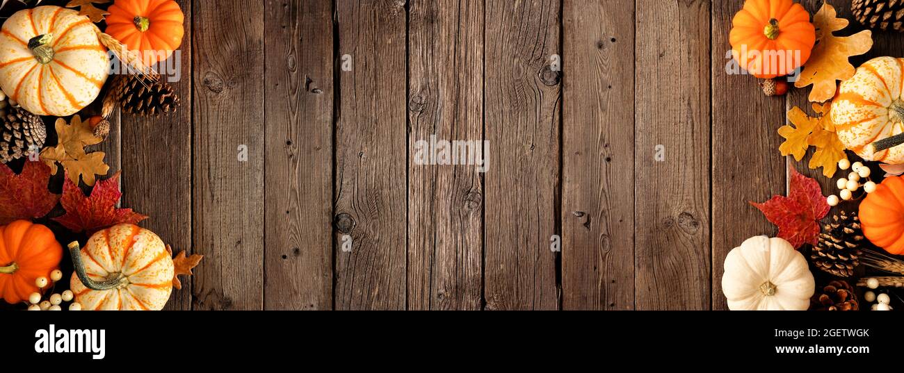 Automne naturel double bordure de citrouilles et de feuilles. Vue de dessus sur un arrière-plan rustique de bannière en bois sombre avec espace de copie. Banque D'Images