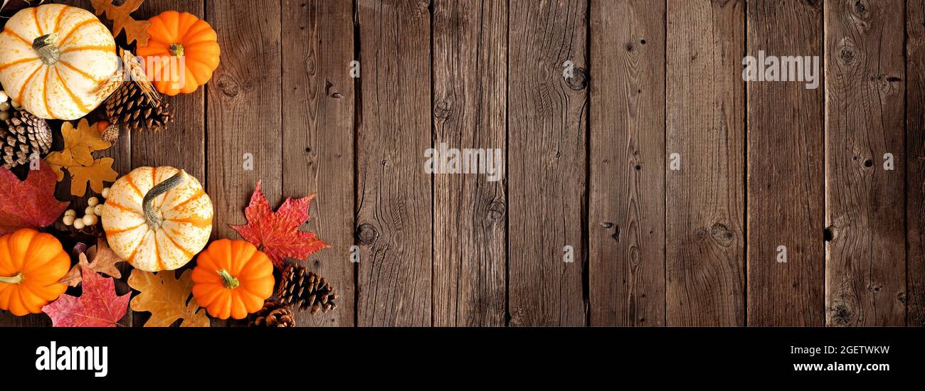 Bordure de coin d'automne naturelle de citrouilles et de feuilles. Vue en hauteur sur un arrière-plan rustique en bois sombre avec espace pour les copies. Banque D'Images