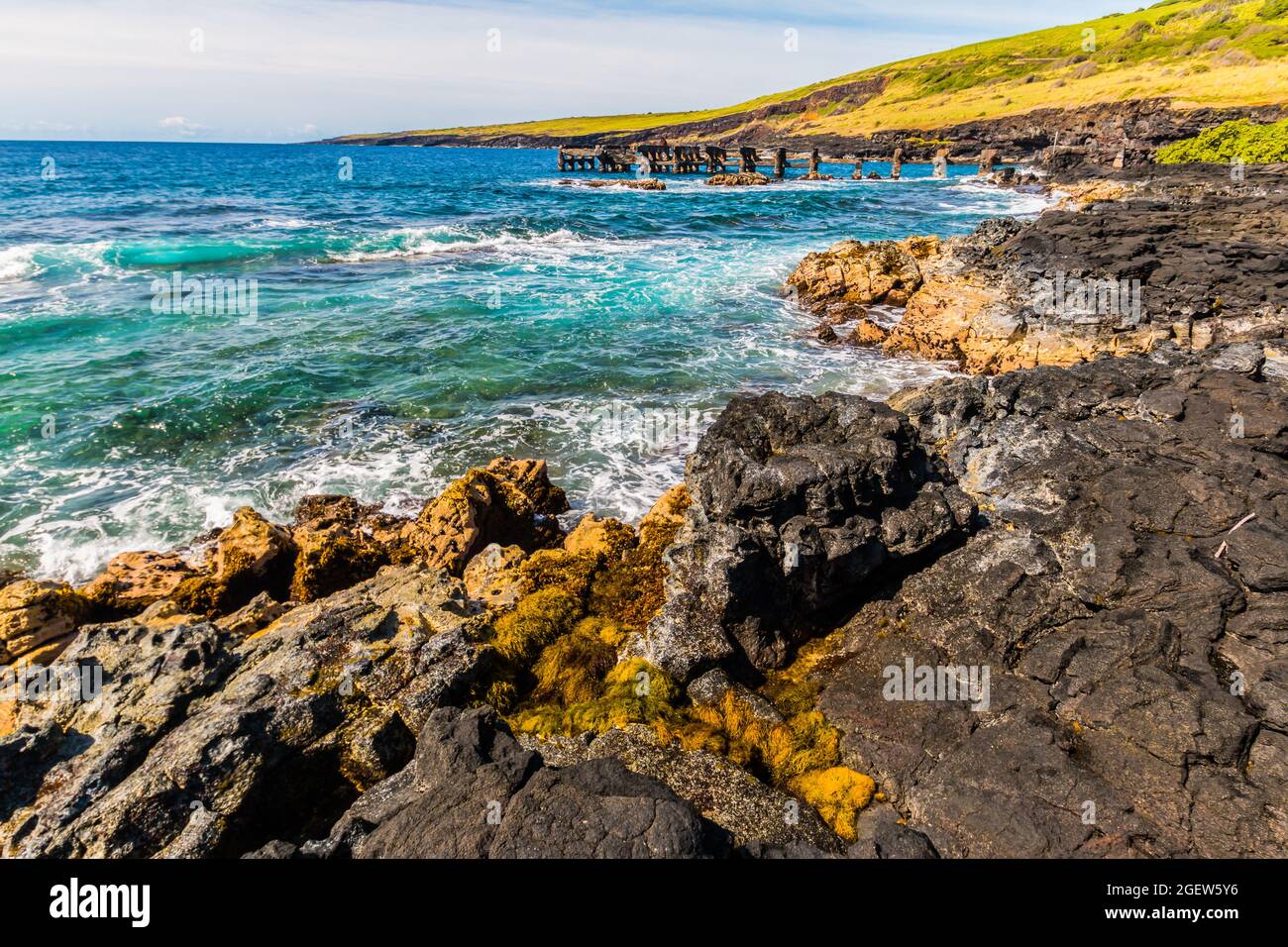 Le rivage volcanique sauvage de la baie d'Honuapo, parc national de Whittington Beach, île d'Hawaï, Hawaï, États-Unis Banque D'Images