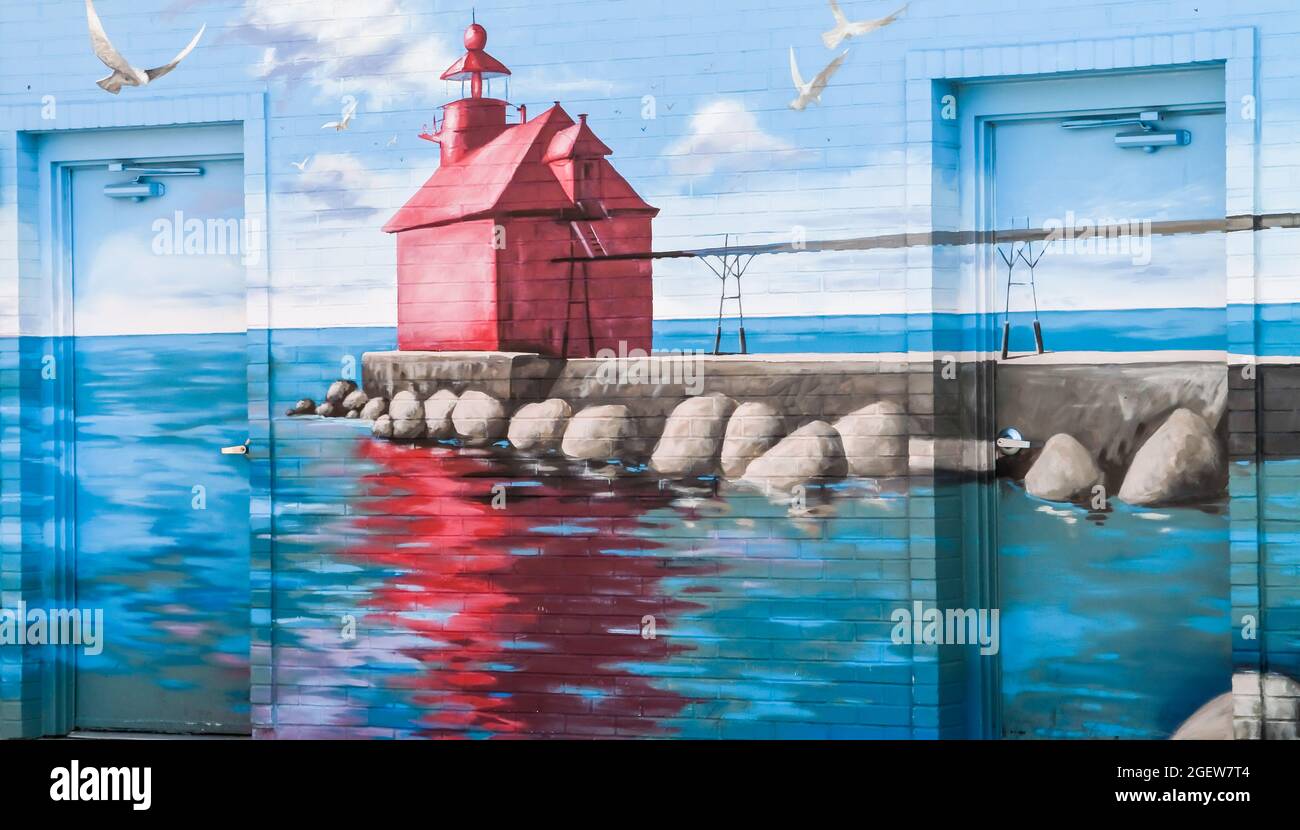 Fresque du navire de Sturgeon Bay Canal Pierhead Lighthouse sur 3rd Avenue dans le centre-ville de Sturgeon Bay, Wisconsin, États-Unis Banque D'Images