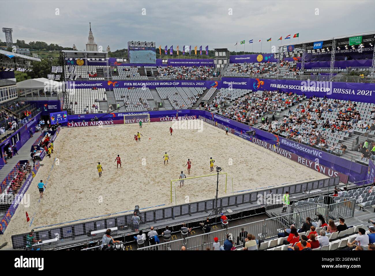 21 août 2021 ; Stade Luzhniki, Moscou, Russie : coupe du monde de la FIFA, tournoi de football de plage ; vue de l'Arena Luzhniki Beach Soccer, pendant le match entre le Mozambique et les Émirats arabes Unis 2ème tour du Groupe B. Banque D'Images