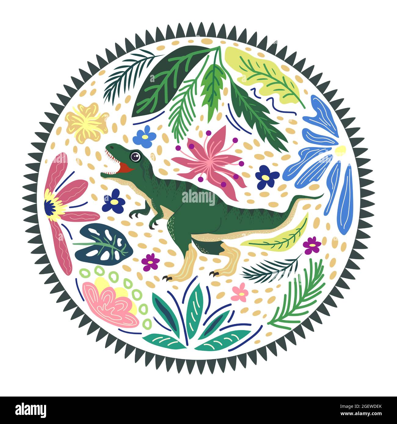 Tyrannosaurus vert, collection de dinosaures préhistoriques. Animaux anciens. Dessiné à la main. Dans un cadre de fleurs et de feuilles Illustration de Vecteur