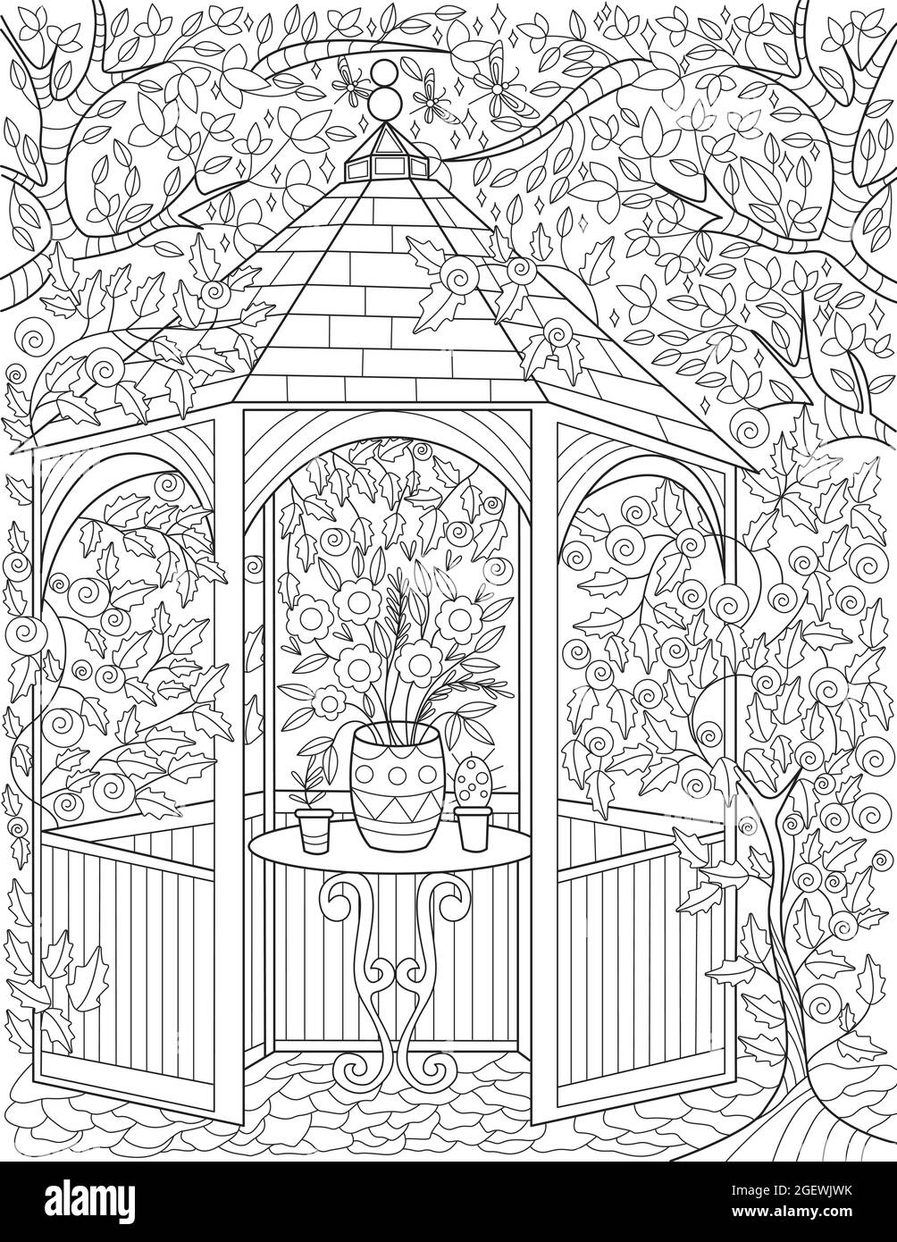 Pavillon de jardin avec pot de plante placé sur table ronde grand arbre arrière-plan ligne incolore. Jardin Pavillion Doodle avec plantes fleurs arbres Illustration de Vecteur
