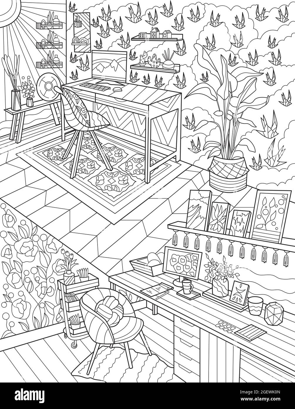 dessin de la ligne salle d etude avec fauteuils bureau en moquette ordinateur accueil ecran portable table potted plantes coloriage book page image vectorielle stock alamy dimanche des palmiers religieux