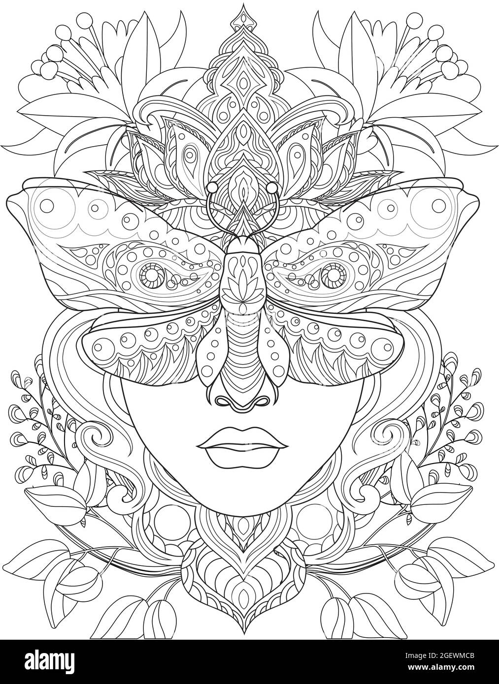 Femme tête face yeux avant recouverts d'UN dessin de ligne incolore Moth. Page de livre de coloriage Lady with Crown Butterfly Covering Vision. Illustration de Vecteur