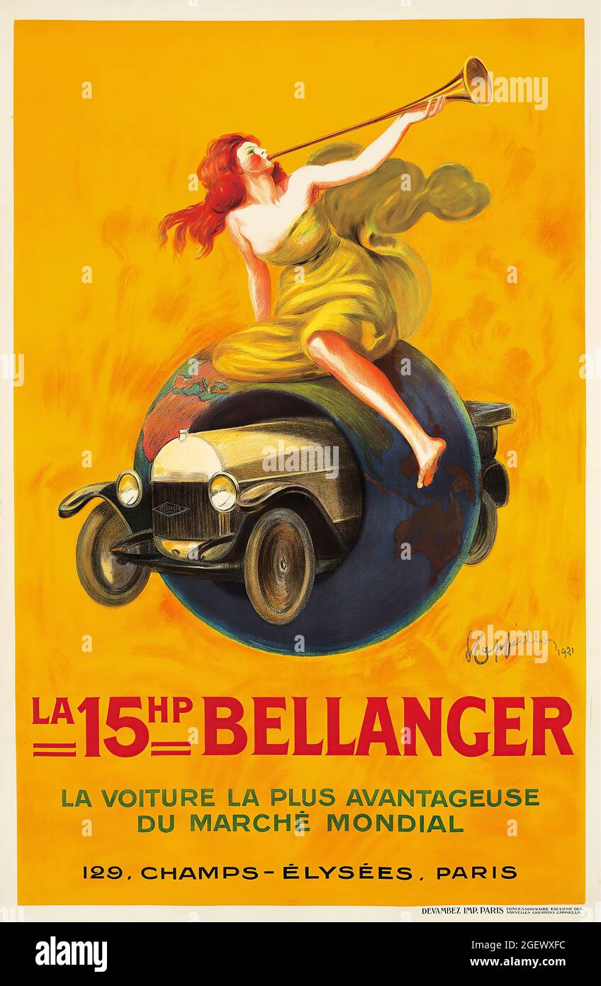 Affiche publicitaire voiture vintage - la 15hp Bellanger (1921) - Leonetto Cappiello.Affiche publicitaire. Banque D'Images