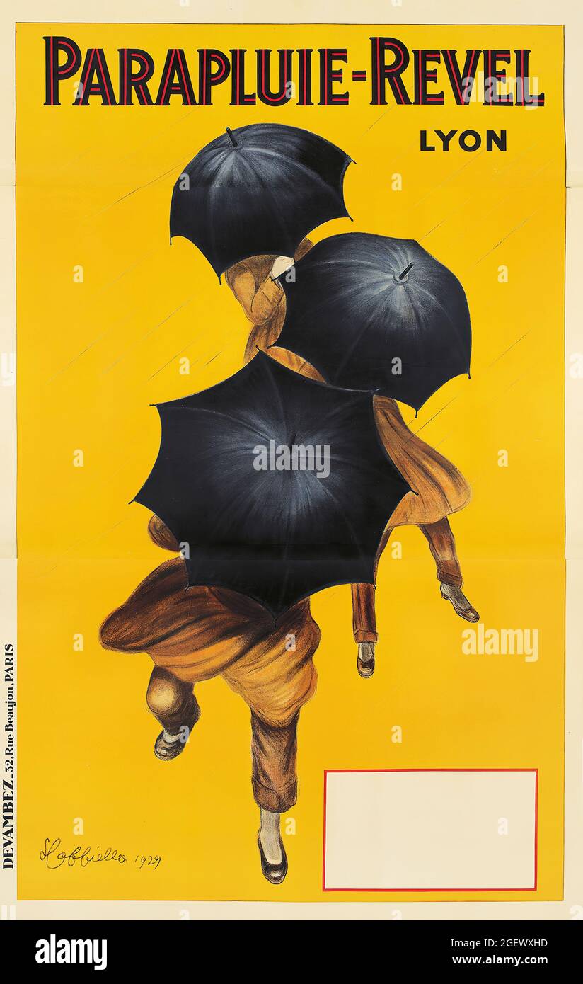 Œuvres d'art Leonetto Cappiello. Art nouveau. Affiche publicitaire vintage. Parapluie-Revel. Hommes avec parasols. Lyon, France. 1922. Banque D'Images