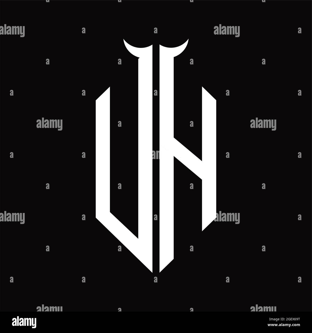 UH logo monogramme avec forme de corne modèle noir et blanc isolé sur fond noir Illustration de Vecteur