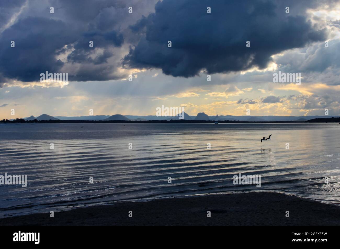 Deux oiseaux survolant l'eau près du coucher du soleil sous un ciel sinistre spectaculaire pleuront sur les montagnes lointaines - l'île de Bribie Australie Banque D'Images