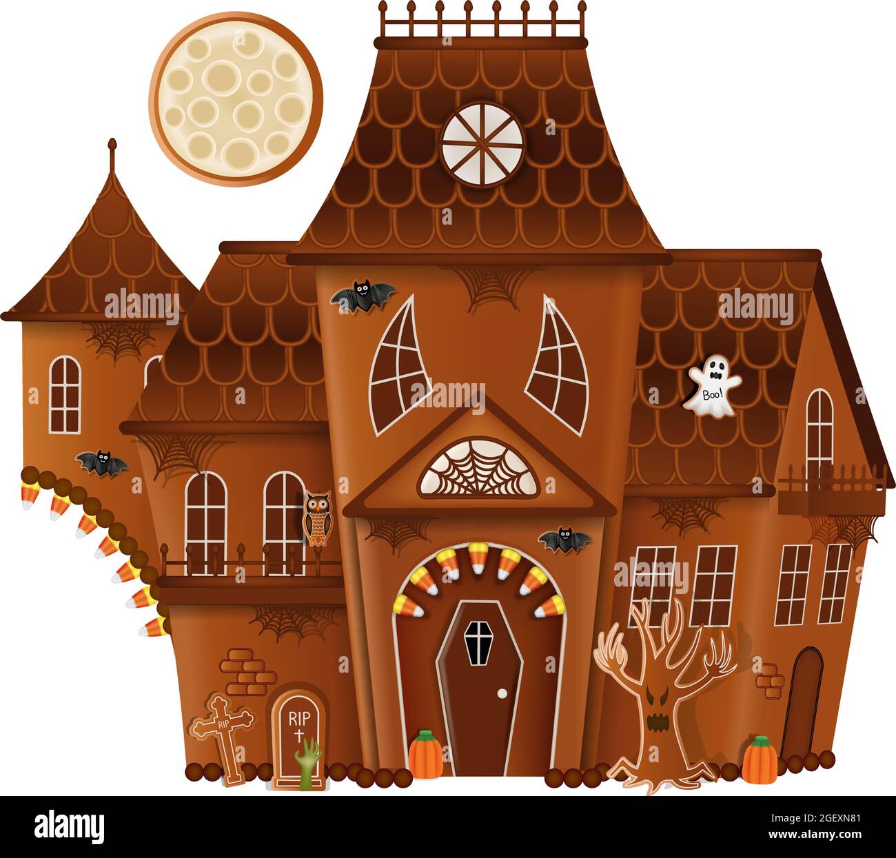 Maison isolée d'halloween en pain d'épice avec biscuits et bonbons Illustration de Vecteur
