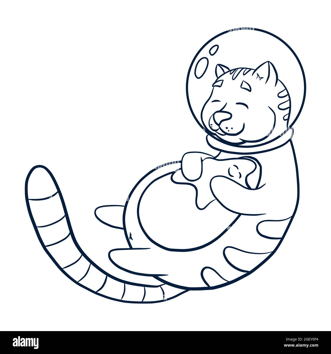 Le Cosmonaut Cat embrassant une illustration en étoile. Line Art astronaute animal touchant le croquis en étoile pour le logo, le livre de coloriage et la décoration de la garderie, tees graphiques pour enfants, imprimés, autocollants Illustration de Vecteur