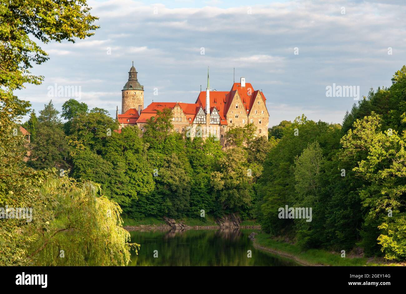 Château médiéval de Czocha (Tzschocha) en Basse-Silésie en Pologne. Construit au XIIIe siècle (le principal) avec de nombreux ajouts ultérieurs. Été, tôt le matin Banque D'Images
