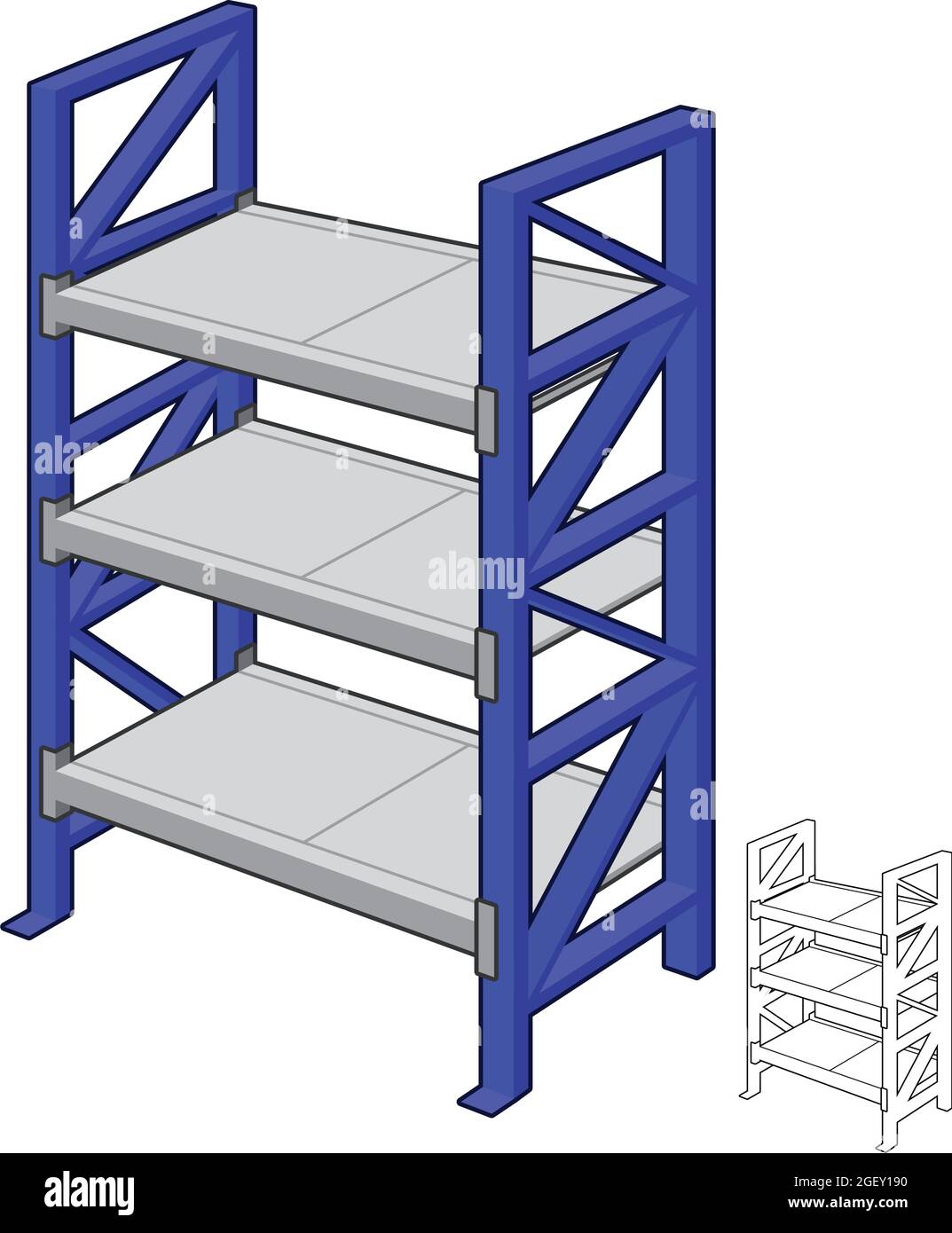Étagères bleues rack de vente au détail avec dessin d'art de ligne, supermarché d'atelier, illustration d'objet vectoriel, logo d'objet de dessin sur fond blanc isolé. Illustration de Vecteur