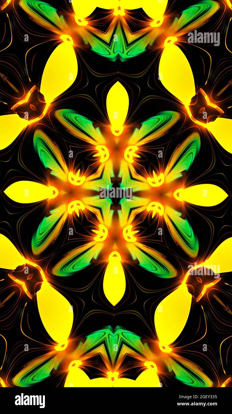 Vert vif et jaune Mandala Fleur avec rayons brillants image verticale. Banque D'Images