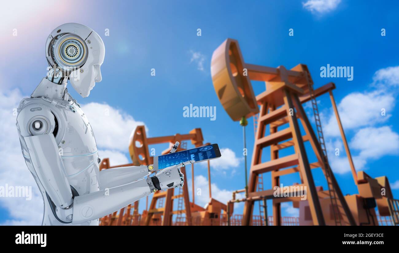 Concept technologique de l'industrie pétrolière avec robot de rendu 3d avec pompe à pétrole brut Banque D'Images