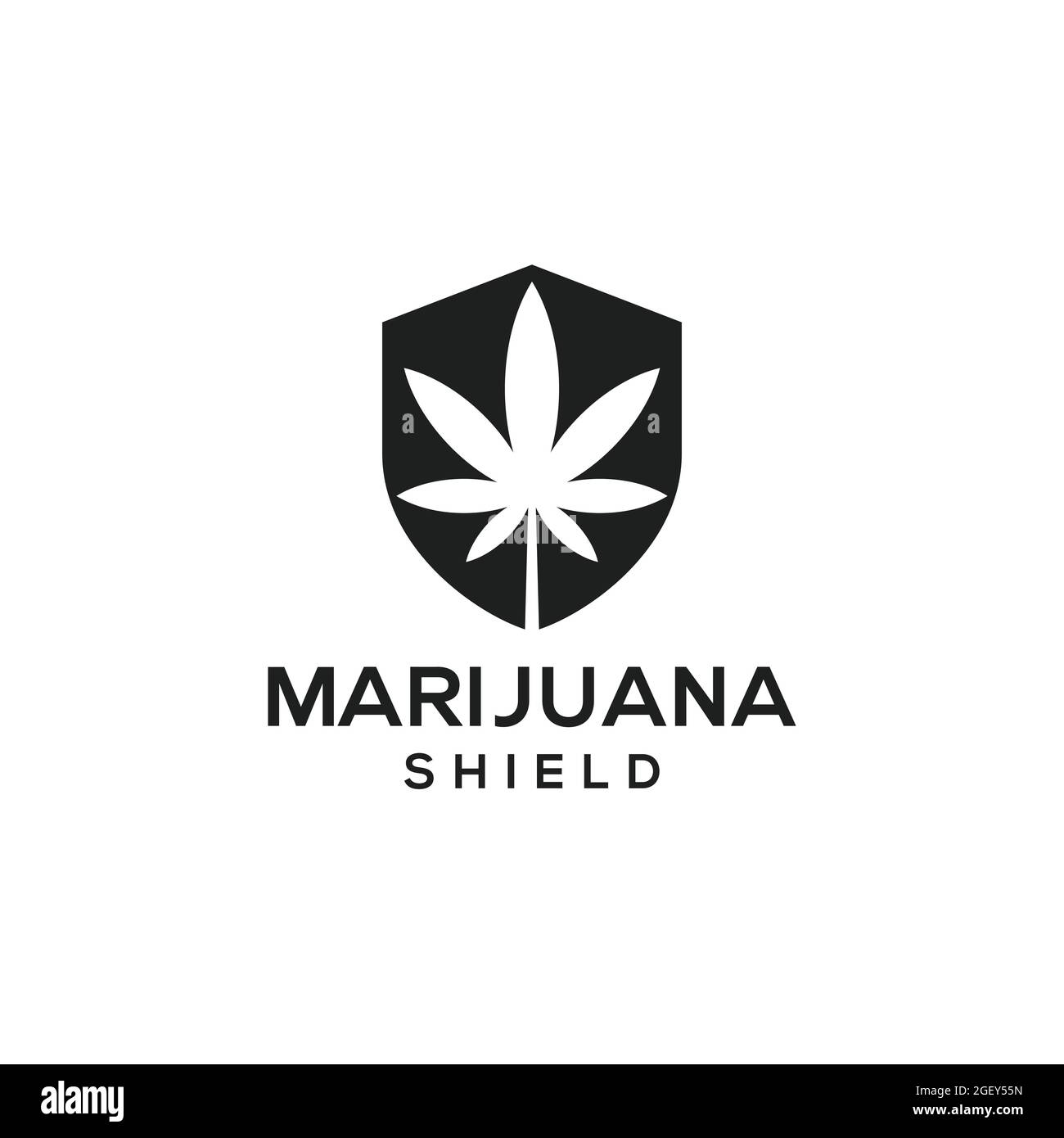 FEUILLE DE MARIJUANA AVEC BADGE DE BOUCLIER LOGO NOIR ET BLANC MODÈLE VECTORIEL POUR ENTREPRISE MÉDICALE OU ENTREPRISE Illustration de Vecteur