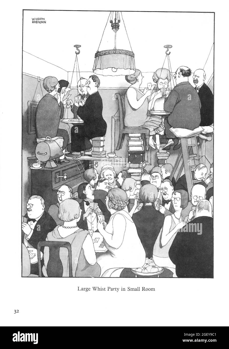 Page de William Heath Robinson (1872-1944) inventions: Grande partie de whist dans une petite pièce Banque D'Images