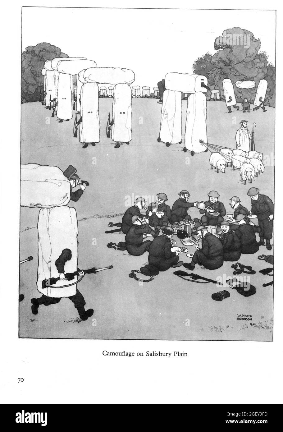 Page de William Heath Robinson (1872-1944) inventions : camouflage sur la plaine de Salisbury Banque D'Images