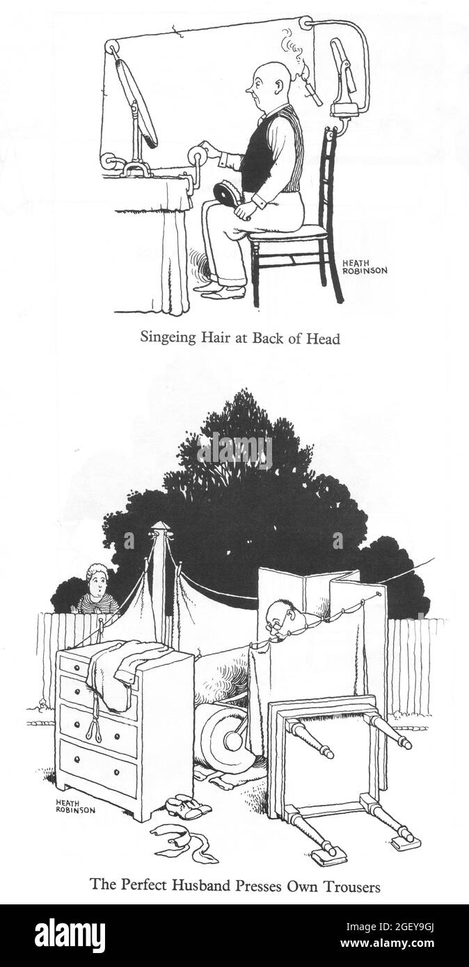 Page de William Heath Robinson (1872-1944) inventions : cheveux à l'arrière de la tête, le mari parfait presse son propre pantalon Banque D'Images