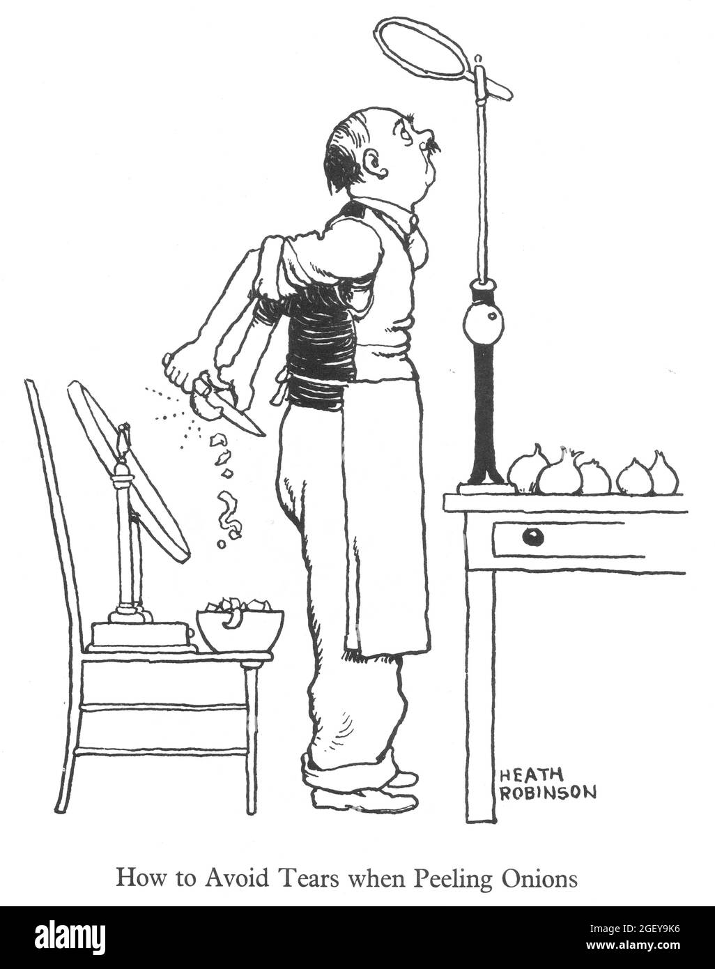 Page de William Heath Robinson (1872-1944) inventions : Comment éviter les larmes lors de l'épluchage des oignons Banque D'Images