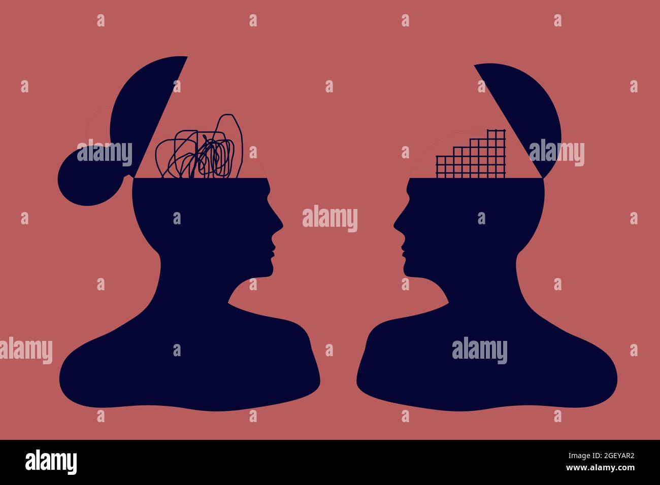 Concept de psychologie de genre. Hommes et femmes tête avec une façon ...
