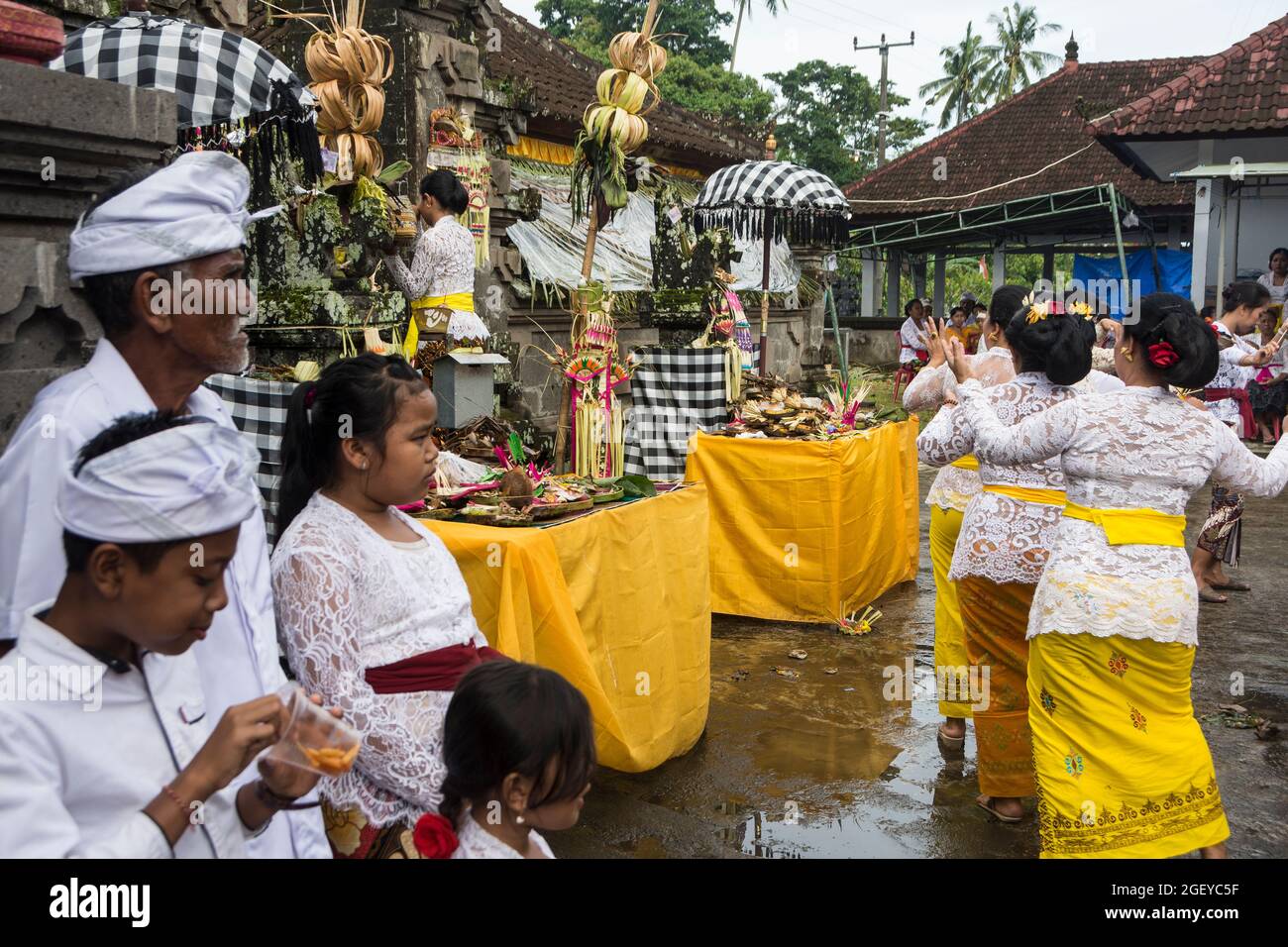 Célébration hindoue avec musique gamelan, offrandes et dancing des femmes. Bali, Indonésie. Banque D'Images