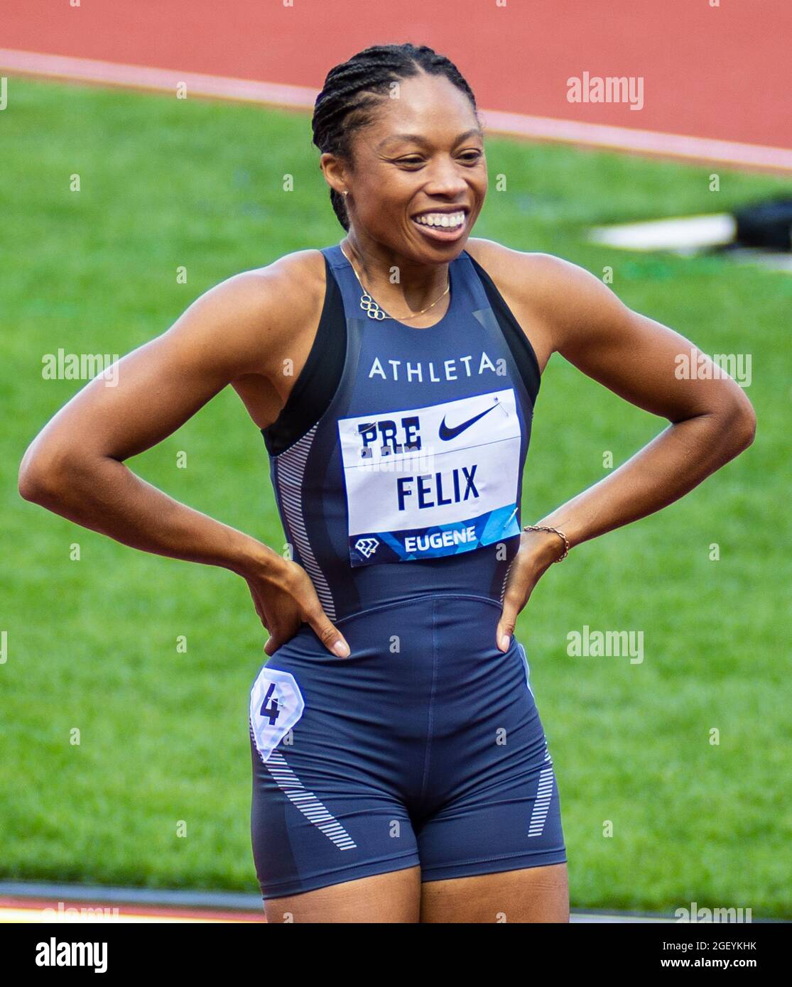 21 août 2021 Eugene OR USA: Allyson Felix après avoir exécuté les femmes 200 mètres à la Nike Prefontaine Classic à Hayward Field Eugene, OU Thurman James/CSM Banque D'Images