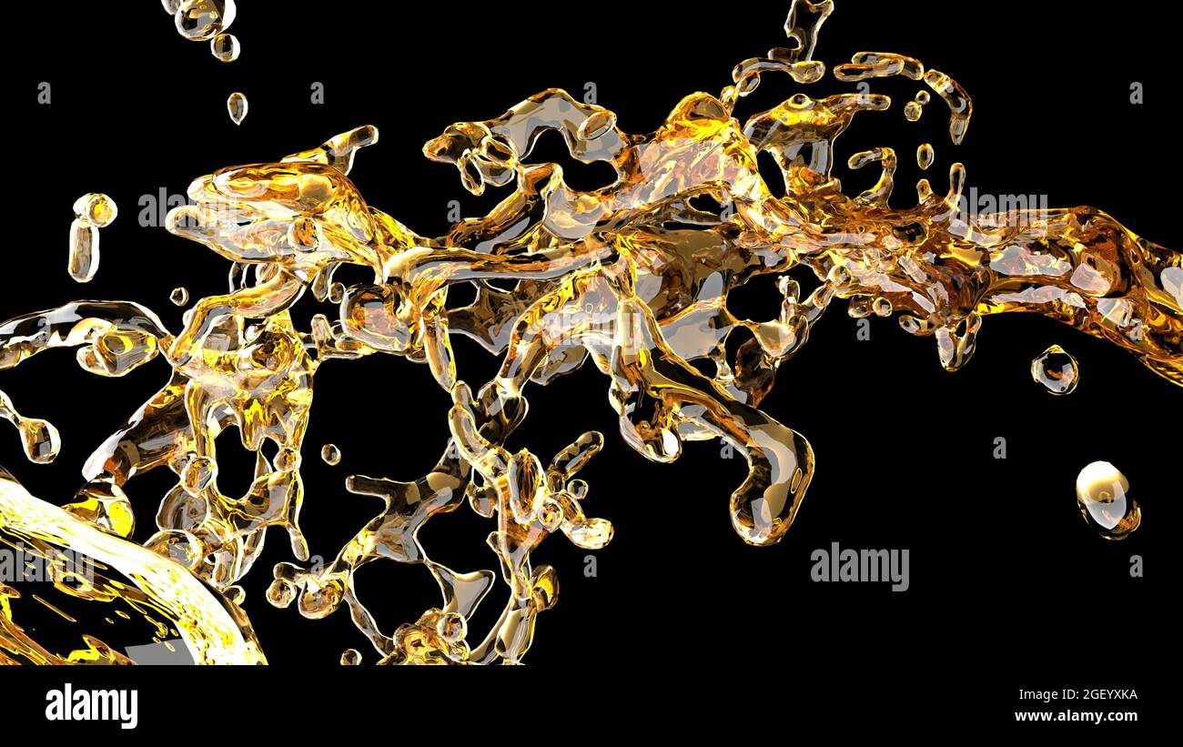 Jet de bière alcool or liquide Art fluide sur noir 3d rendu Banque D'Images