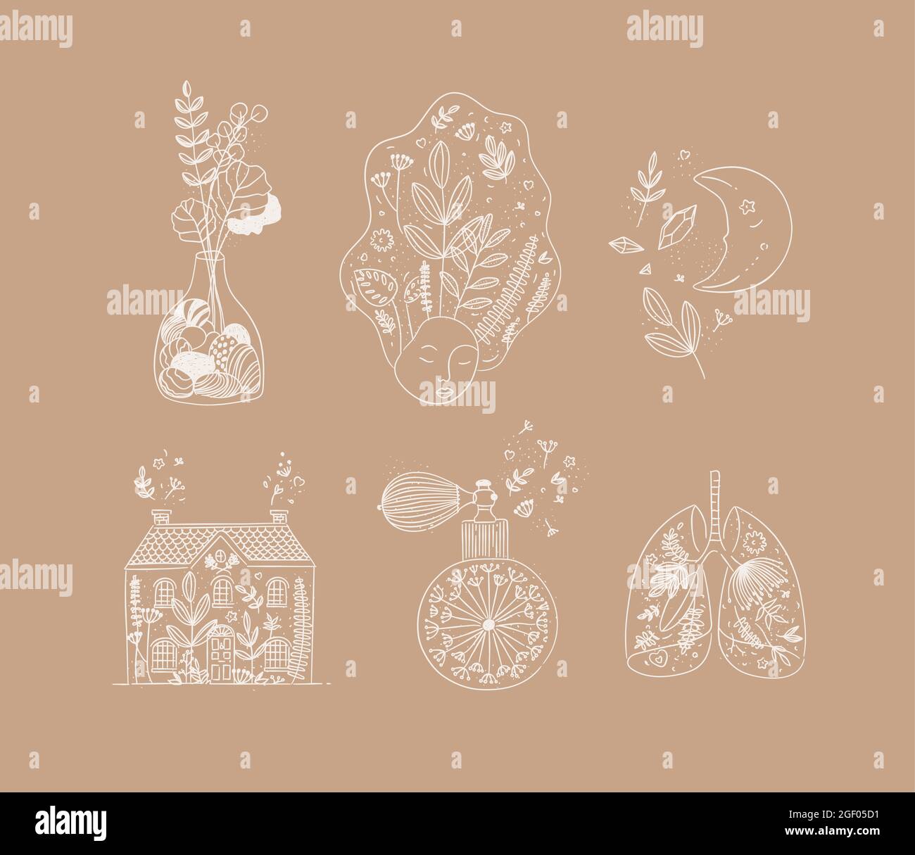 Ensemble d'icônes d'art floral dans un vase de fleurs en ligne fait à la main, visage de femme, lune, maison, bouteille de parfum, poumons humains dessinant sur le beige clair Illustration de Vecteur