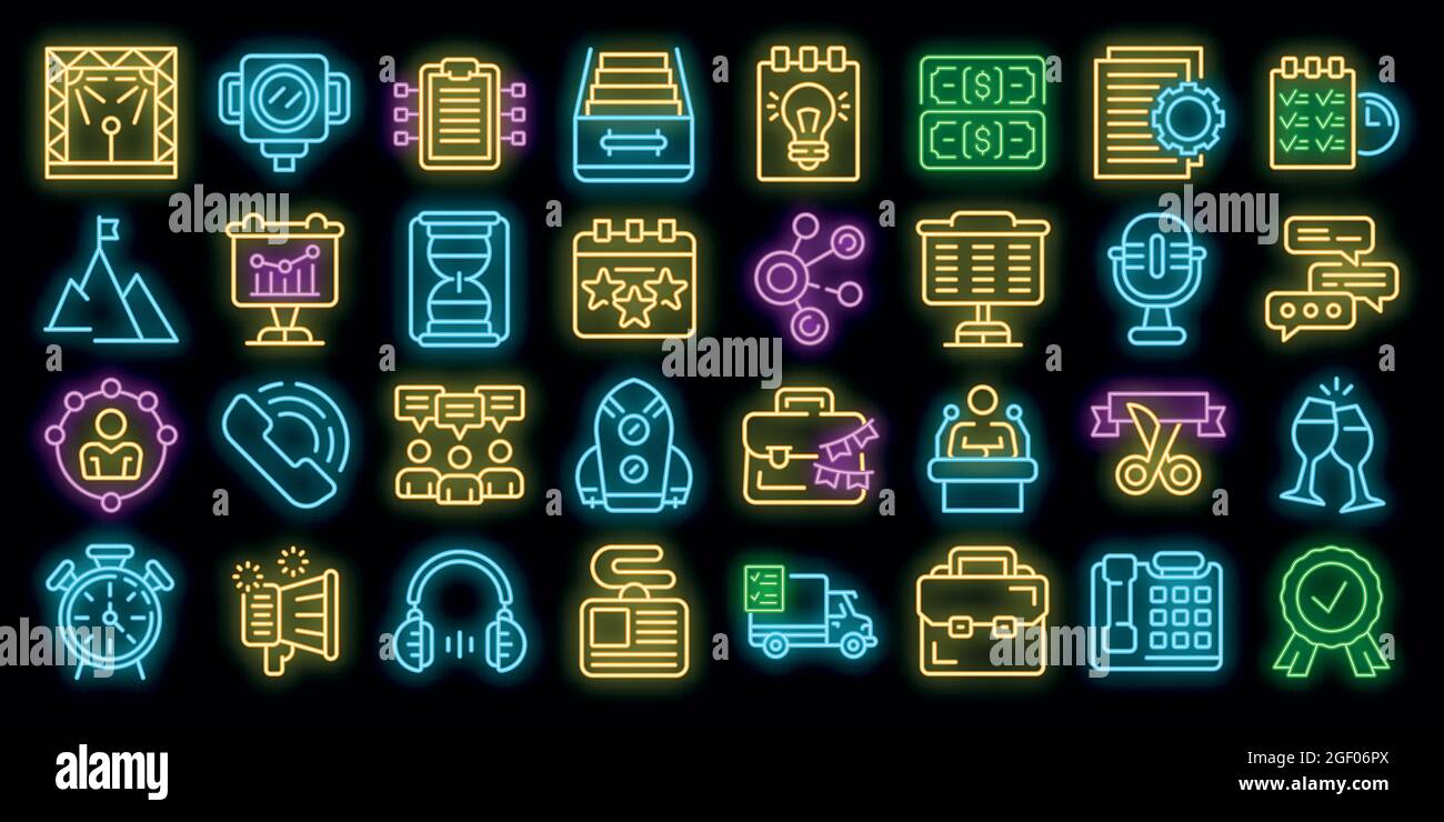Icônes de gestion des événements définies. Ensemble de contours des icônes vectorielles de gestion des événements couleur néon sur noir Illustration de Vecteur