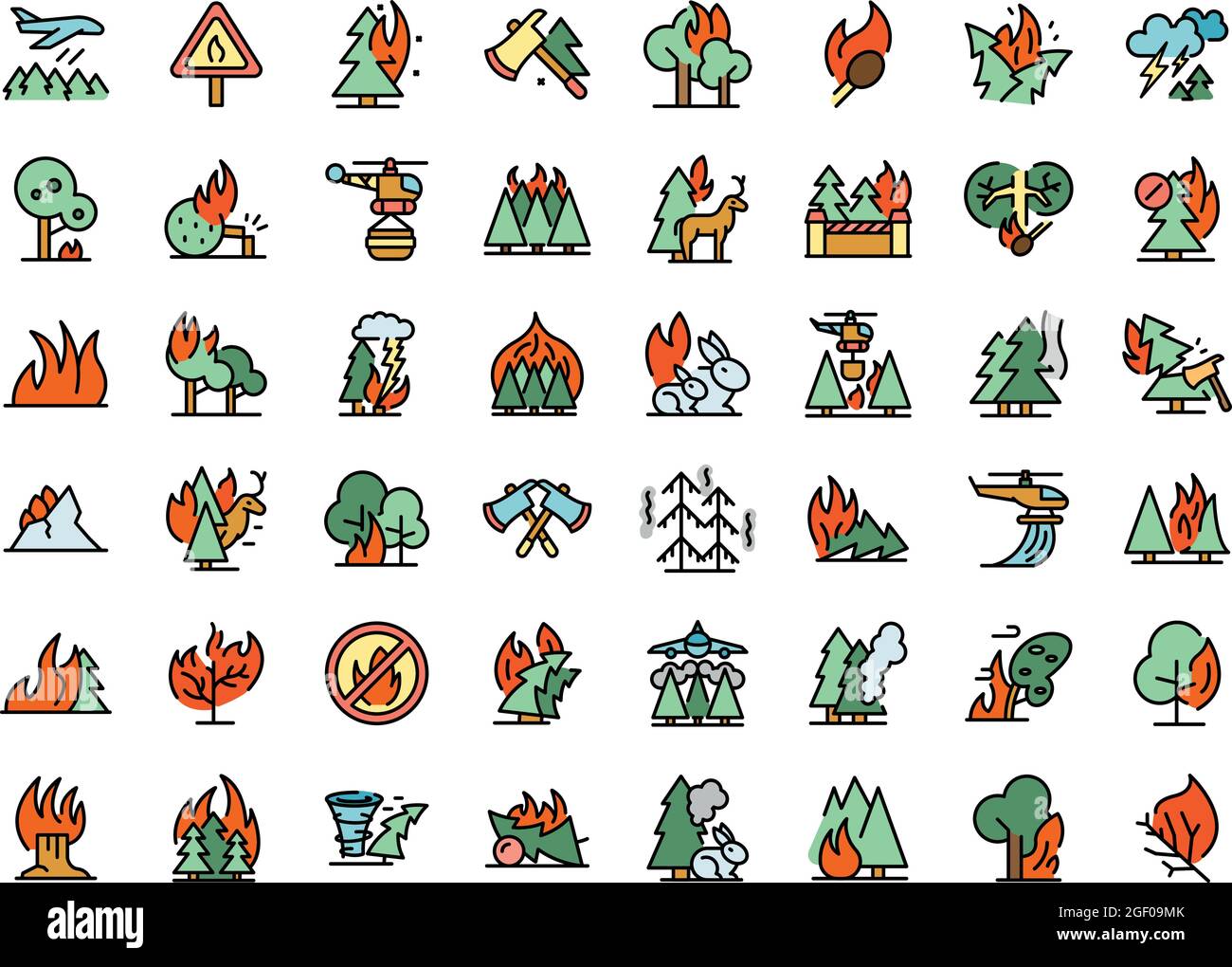 Ensemble d'icônes de forêt brûlante. Ensemble de contours des icônes vectorielles de forêt en feu couleur fine ligne plate sur blanc Illustration de Vecteur