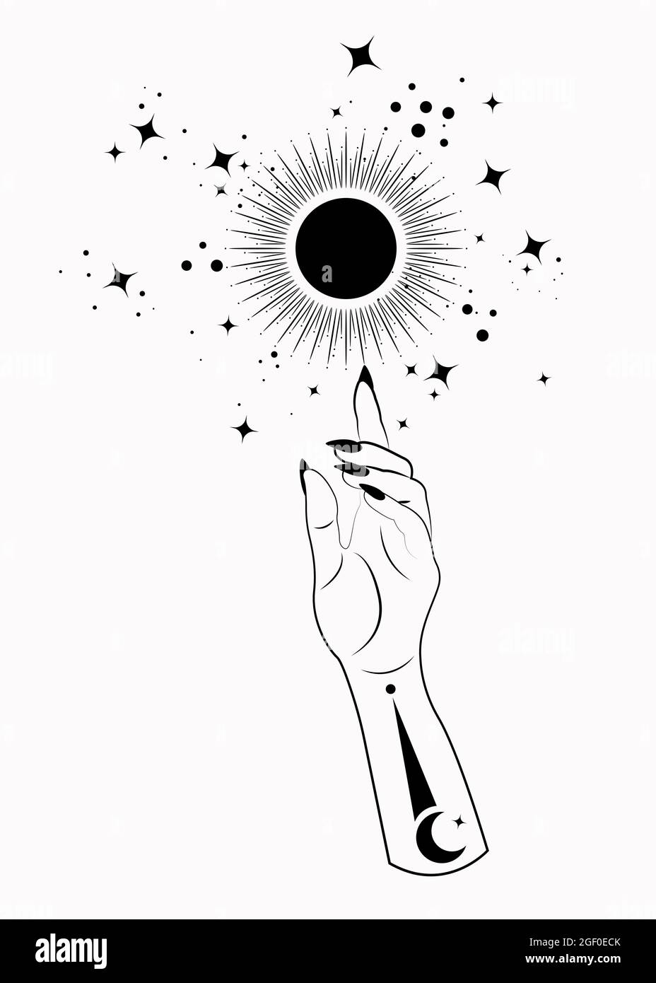 Femme mystique main alchimie ésotérique symbole du soleil magique, géométrie sacrée. Style boho logo en noir contour tattoo icône. L'occultisme spirituel mystique wicca Illustration de Vecteur