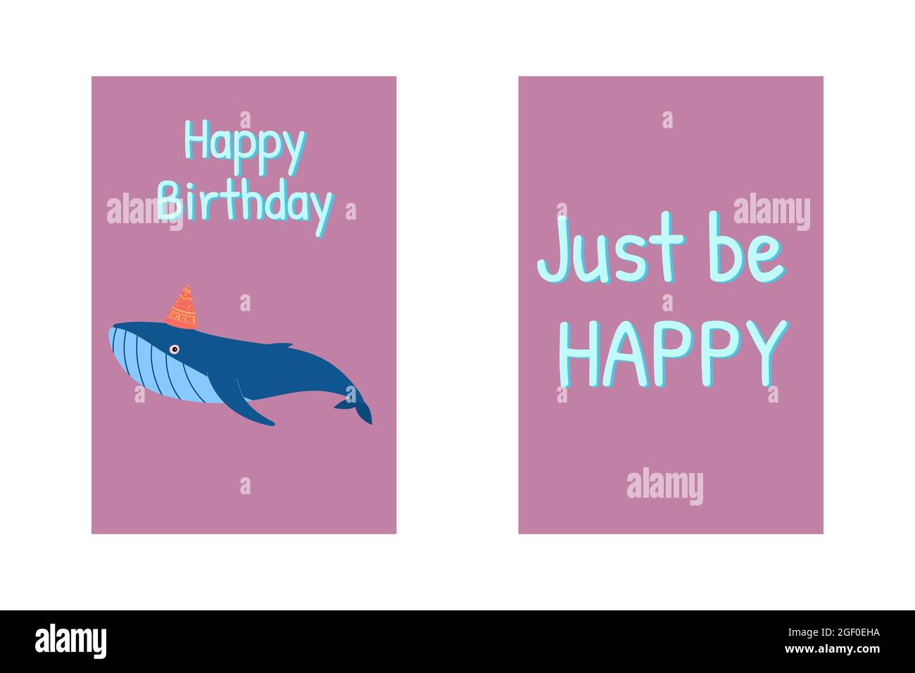 Cartes de vœux d'anniversaire avec baleine, signe joyeux anniversaire et citation drôle juste être heureux. Illustration amusante. Adorable personnage d'animaux de mer Illustration de Vecteur