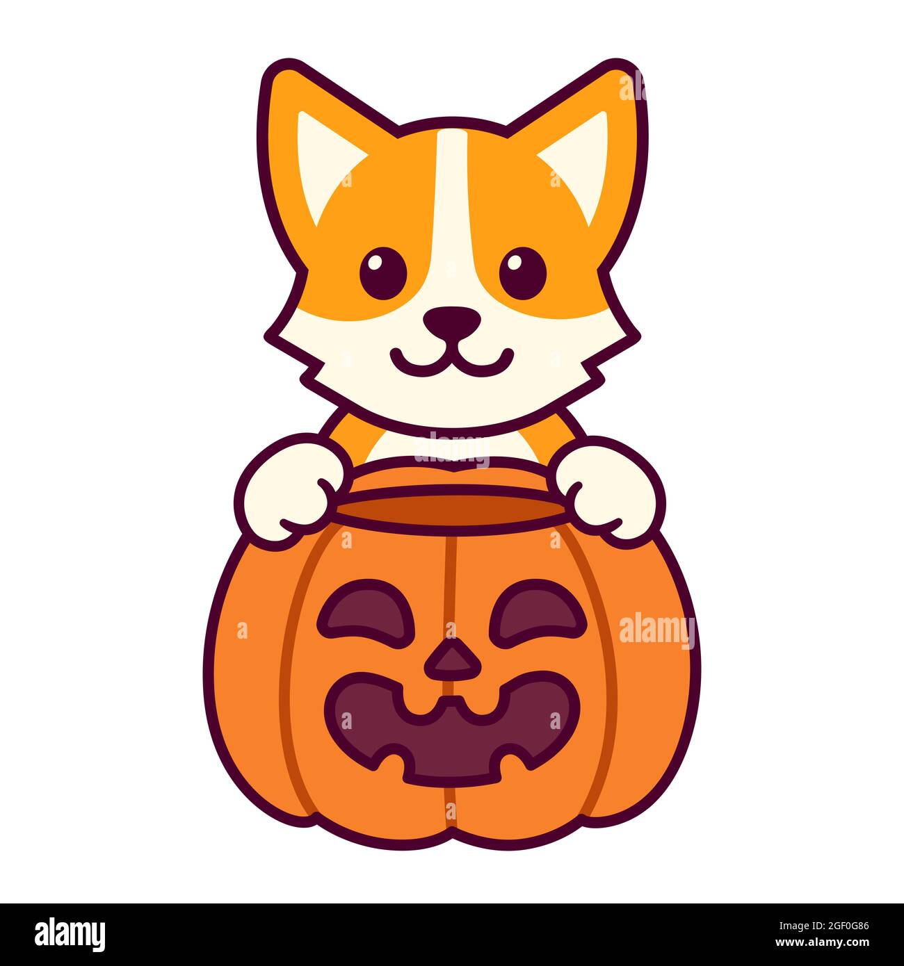 Trick or Treat. Mignon dessin animé Corgi avec la citrouille d'Halloween. Dessin de chien kawaii, illustration vectorielle amusante. Illustration de Vecteur