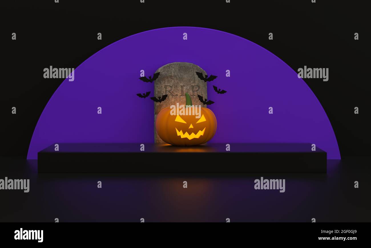 Socle pour Halloween pour présentation de produits avec citrouilles, chauves-souris et pierre tombale avec un violet de lune sur fond noir. rendu 3d. Banque D'Images