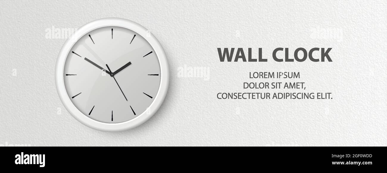 Vector 3d Realistic White Wall horloge de bureau sur fond de mur blanc texturé. Modèle de conception, bannière avec horloge de bureau et cadran intérieur blanc Illustration de Vecteur