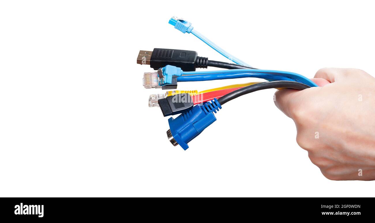 Bande de câbles d'ordinateur dans la main des femmes isolées sur fond blanc. Faisceau de câbles d'interface d'ordinateur avec différents connecteurs Banque D'Images