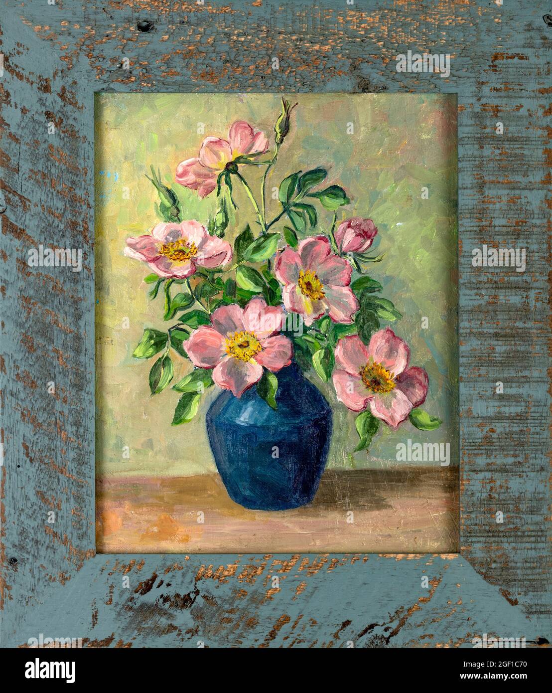 Peinture à l'huile vintage de fleurs dans un vase dans un cadre en bois. Banque D'Images