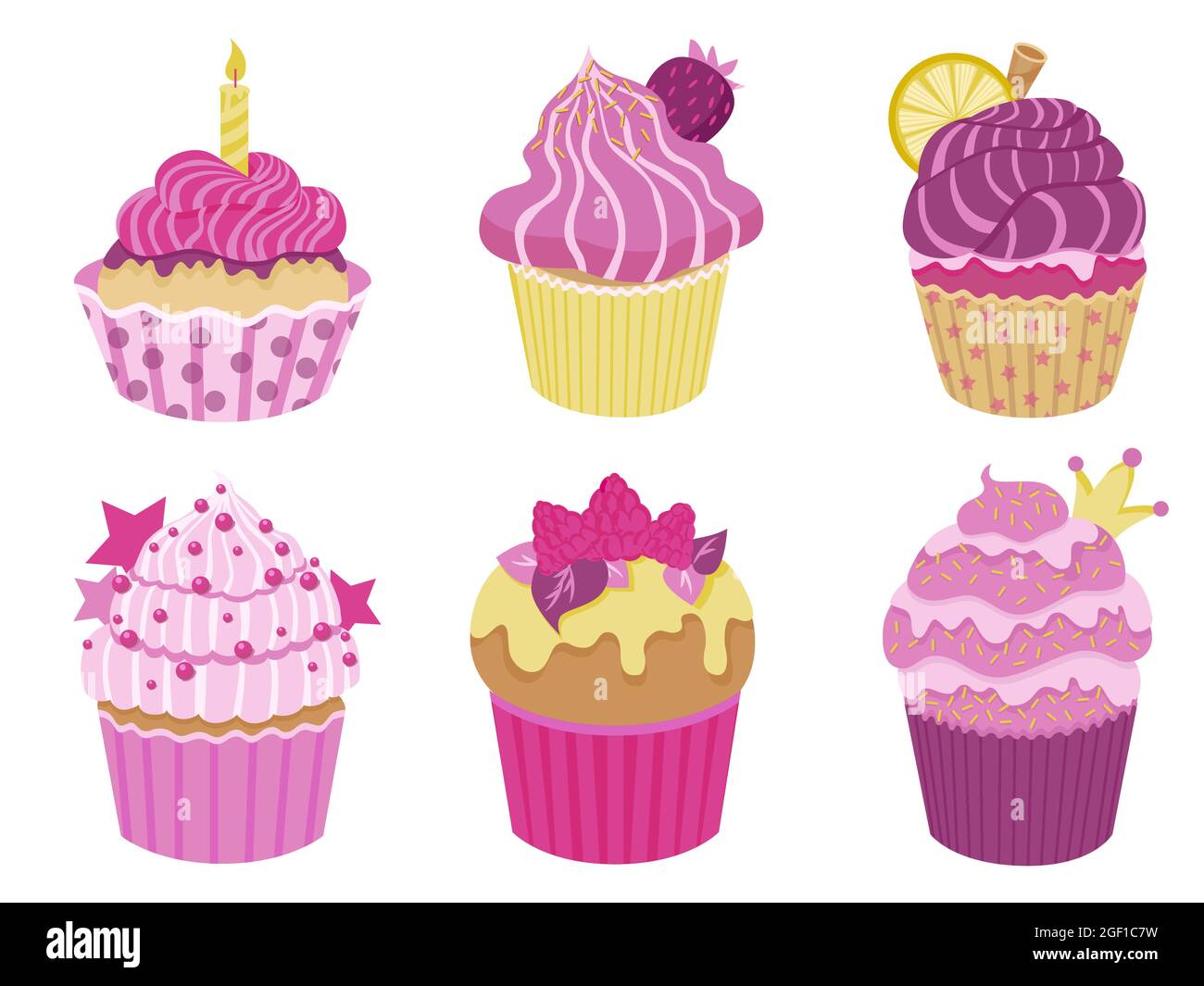 Ensemble de petits gâteaux à la crème et aux baies. Un délicieux désert avec une décoration différente. Collection de muffins aux saupoudrés roses et violets. Vecteur Illustration de Vecteur