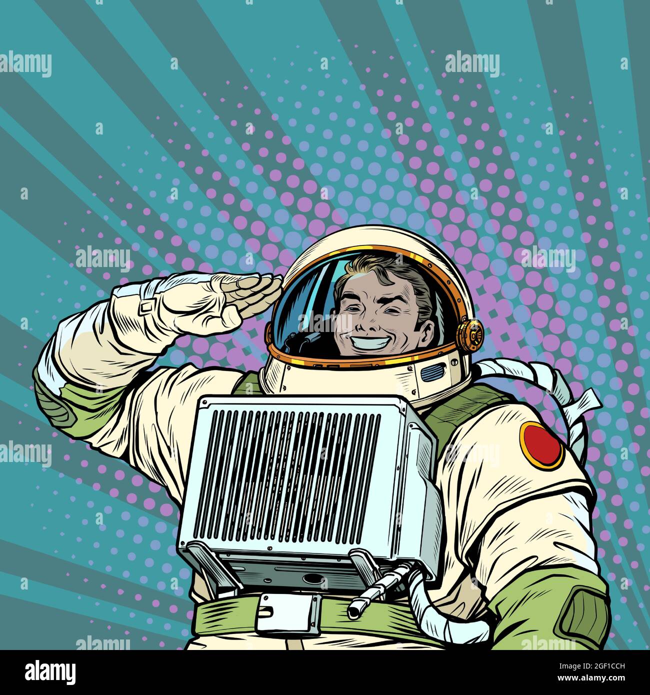 L'astronaute joyeux salue, le capitaine cosmonaute. Soldat de l'Univers Illustration de Vecteur