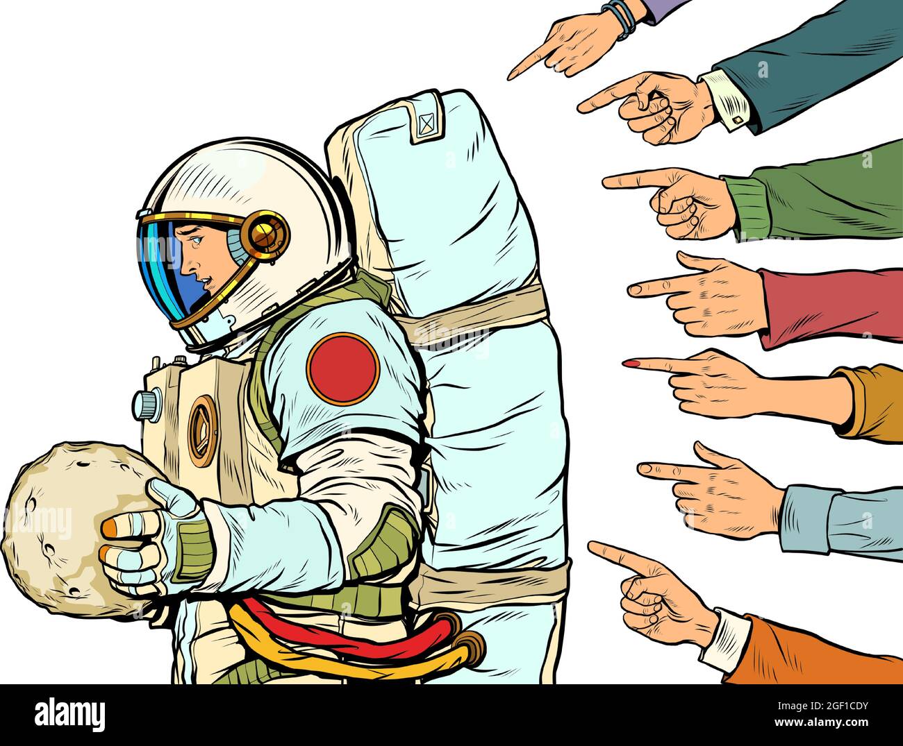 Un astronaute coupable avec une planète entre ses mains. Tout le monde critique le cosmonaute. Arrière-plan blanc Illustration de Vecteur
