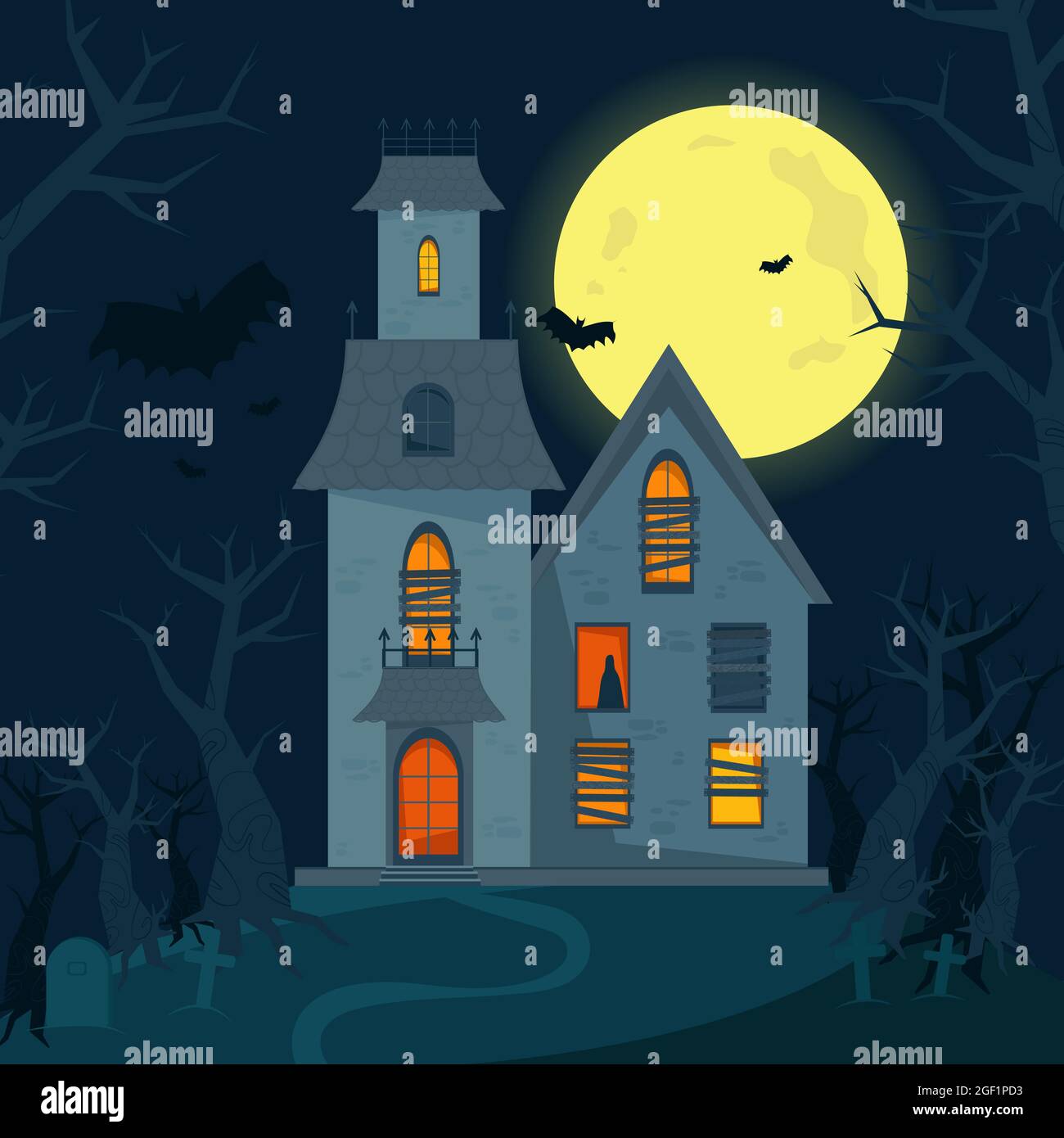 Maison hantée effrayante, maison d'horreur d'Halloween. Illustration vectorielle de style plat Illustration de Vecteur